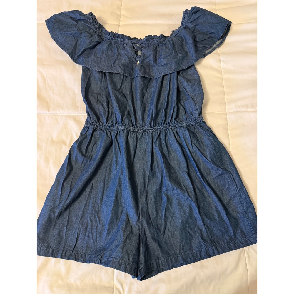 Derek Heart Blue Chambray Off The Shoulder Ruffle Romper NWT L